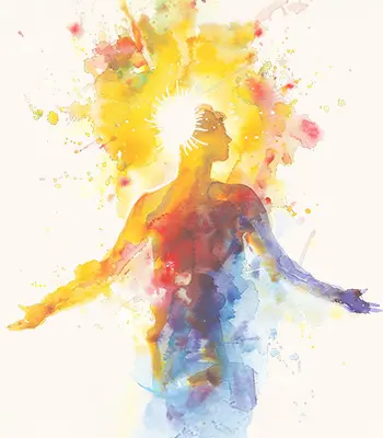 A colorful watercolor painting of a human figure with arms outstretched, surrounded by vibrant splashes of yellow, orange, red, and blue, with a radiant light around the head, symbolizing enlightenment or inspiration.