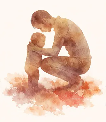 A watercolor-style illustration of an adult kneeling down to gently hold a small child, both facing each other, surrounded by soft, warm earth-toned colors.