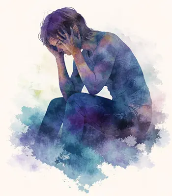 A watercolor-style illustration of a person sitting with elbows on their knees, hands covering their face, expressing sadness or distress. The figure is surrounded by a blend of blue and purple tones, creating an emotional atmosphere.