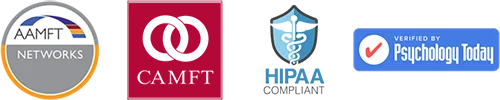 Four logos: AAMFT Networks, CAMFT, HIPAA Compliant with a caduceus shield, and a Verified by Psychology Today badge with a checkmark.