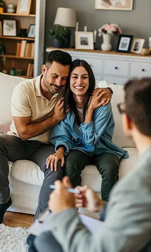 A smiling couple sits close together on a couch, holding each other affectionately, while a person with a notepad, possibly a therapist, sits across from them in a cozy, well-decorated living room.