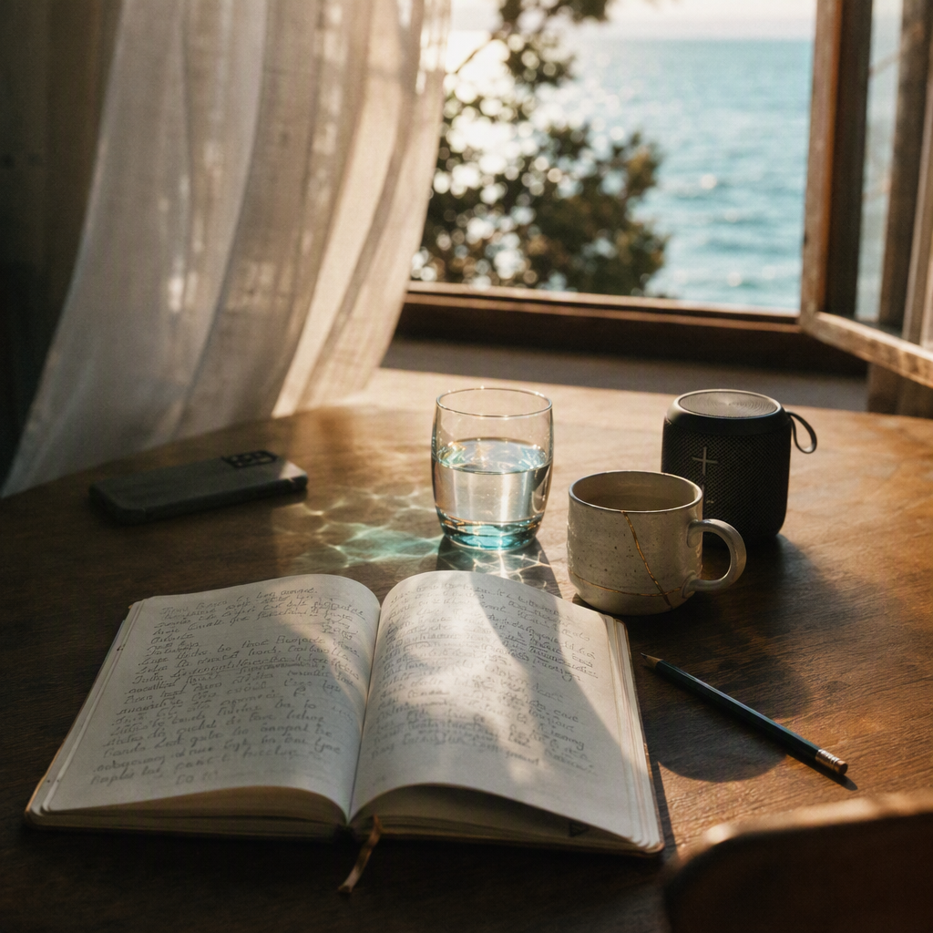 Journal, water and a kintsugi cup in luminous morning light