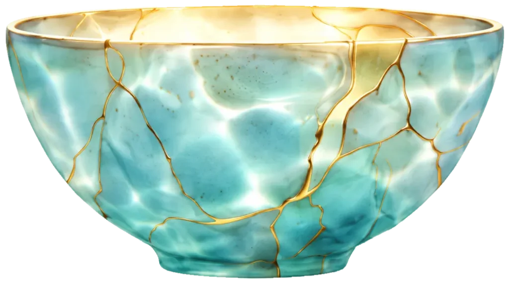 A sea-glass blue kintsugi bowl repaired with gold, illuminated by reflected water and a warm inner light.