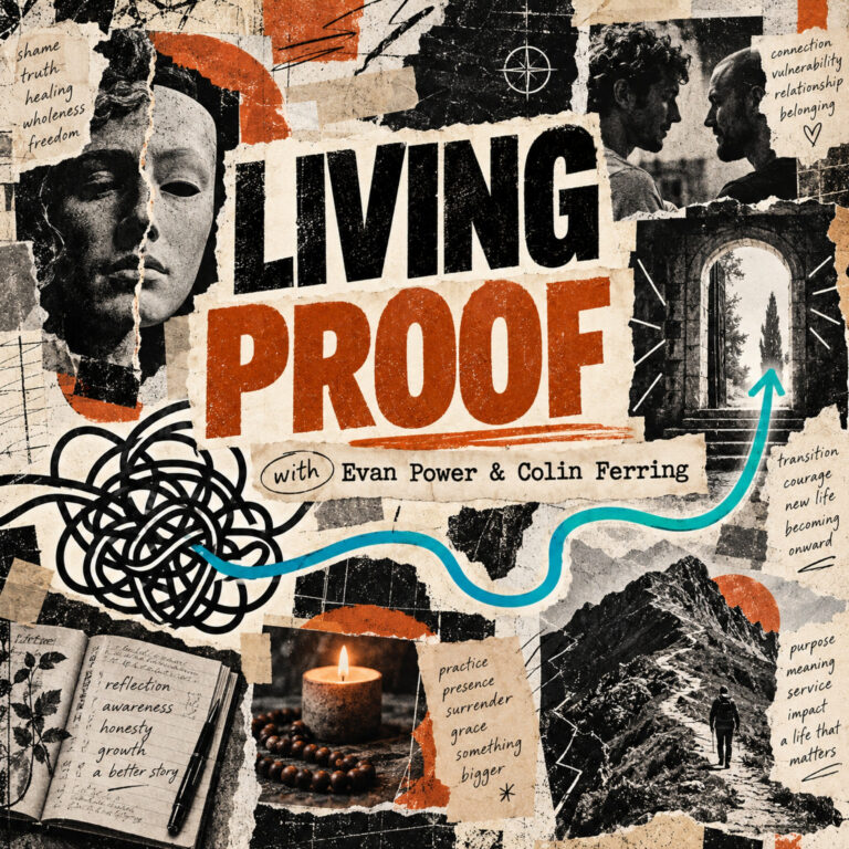 LIVING PROOF podcast cover: layered collage of psychology and spirituality, with a tangled line transforming into an open turquoise path